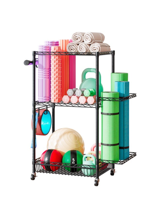 Solerconm Sports Equipment Storage Rack – 3 Tiers with 4 Lockable Casters and Hooks, Metal Organizer for Weights, Jump Ropes and Fitness Accessories, Rolling Design, Sturdy Structure - Image 1